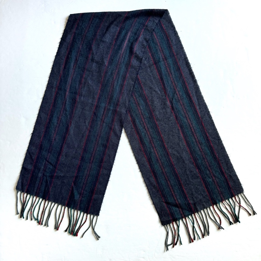 Vintage Christian Dior Striped Scarf Blue Gray Acrylic Rectangle Fringe Winter